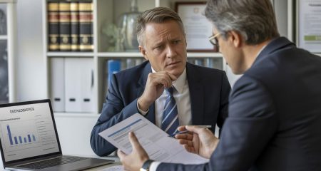 Een man bespreekt juridische documenten met een advocaat in een kantoor.