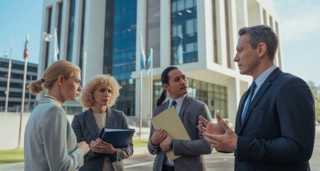Een groep mensen voor een modern gemeentegebouw, in gesprek over overheid en rechtmatigheid.