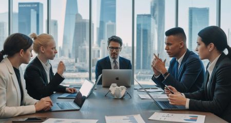 Een groep zakelijke professionals in een vergaderruimte die een bespreking voeren rond een tafel met laptops en documenten.