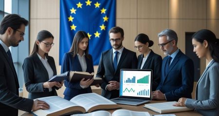 Een groep juridische professionals bespreekt documenten in een moderne ruimte met een Europese vlag op de achtergrond.