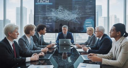 Zakelijke professionals in een vergaderruimte bespreken economische gegevens aan een tafel met laptops en grafieken.