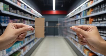 Twee handen die een dunne draad strak vasthouden, met op de achtergrond een winkelomgeving en een subtiele afscheiding.