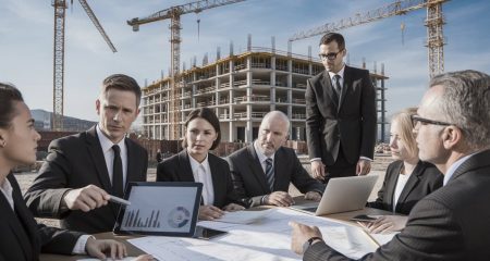 Een groep zakelijke professionals bespreekt documenten en bouwplannen op een bouwplaats met kranen en gebouwen op de achtergrond.