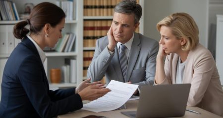 Een advocaat bespreekt gezagskwesties met een man en vrouw in een kantoor.