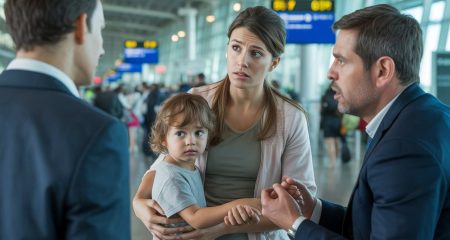Een bezorgde ouder houdt het handje van een kind vast op een luchthaven, terwijl beveiliging hen observeert.