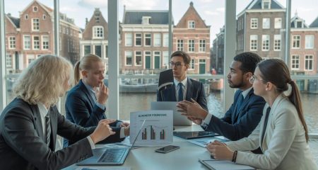 Een groep zakelijke professionals bespreekt documenten en laptops aan een vergadertafel in een kantoor met uitzicht op een Nederlandse stad.