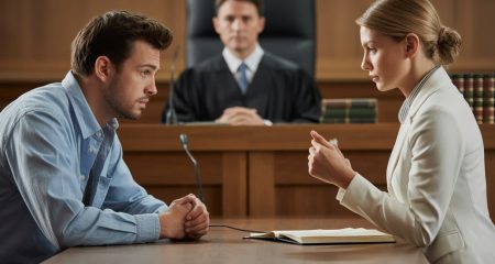 Een rechtbank met een verdachte en een getuige die tegenover elkaar staan, terwijl een rechter toekijkt.