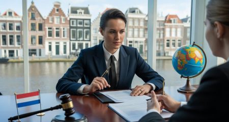 Een advocaat bespreekt juridische documenten met een cliënt in een kantoor met uitzicht op een Nederlandse stad.