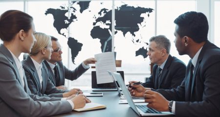 Een groep zakelijke professionals zit rond een tafel in een kantoor en bespreekt documenten met een wereldkaart op de achtergrond.