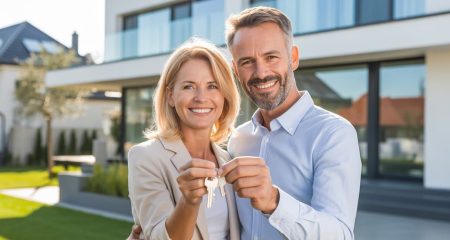Een gelukkig stel staat voor een modern huis en houdt samen een sleutel vast.