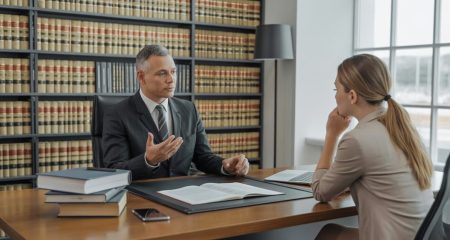 Een advocaat legt een cliënt de juridische procedures uit in een kantooromgeving.