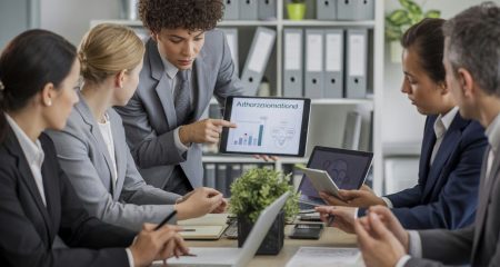 Een groep zakelijke professionals overlegt aan een tafel met documenten en laptops in een kantooromgeving.