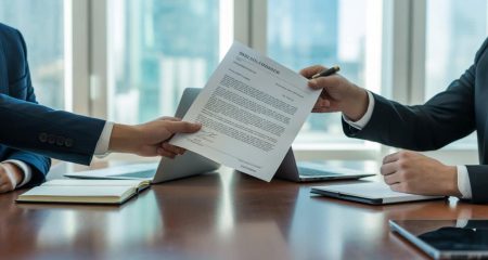 Twee zakelijke mensen zitten aan een tafel en wisselen een ondertekend document uit in een kantoor met uitzicht op de stad.