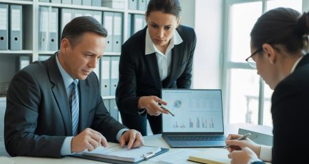 Een groep professionals in een kantoor bespreekt financiële documenten tijdens een onderzoek naar vermoedens van fraude.