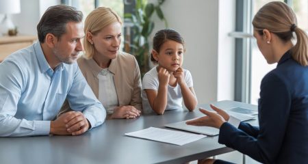 Een gezin en een adviseur zitten samen aan een bureau en bespreken belangrijke gezinsaangelegenheden in een lichte kantoorruimte.