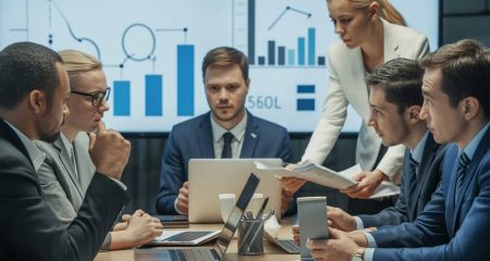 Een groep zakelijke professionals bespreekt documenten en grafieken in een moderne kantooromgeving tijdens een herstructurering van een onderneming.