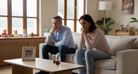 Een man en vrouw zitten in een woonkamer en kijken nadenkend, met een warme en rustige sfeer.