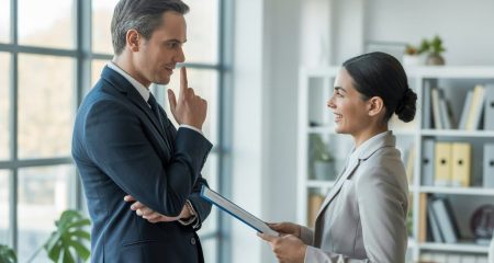 Twee zakelijke professionals in een modern kantoor, waarbij de ene persoon een certificaat ontvangt en de andere persoon een zelfverzekerde houding aanneemt.