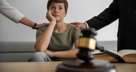 Een tiener zit nadenkend op een bankje, met aan de ene kant een ondersteunende persoon en aan de andere kant een rechtershamer op een boek.