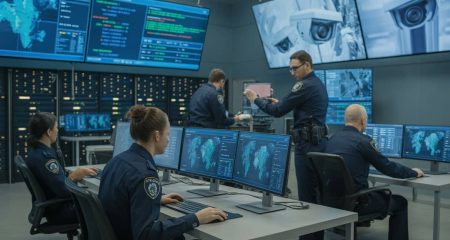 Politieagenten werken samen in een moderne controlekamer met computers en schermen waarop digitale kaarten en camerabeelden te zien zijn.