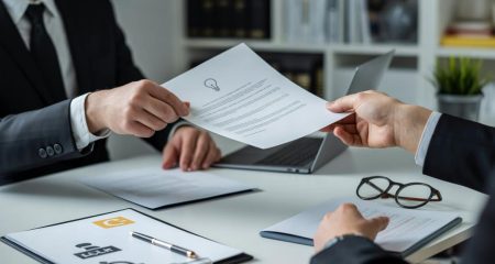 Twee professionals wisselen een document uit in een zakelijke kantooromgeving met voorwerpen die intellectuele eigendom symboliseren.