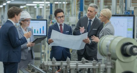Een groep professionals bespreekt productiecontracten en kwaliteitscontrole in een moderne fabriek.