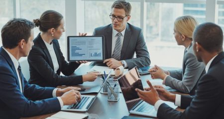 Een zakelijke vergadering met diverse professionals die rond een tafel zitten en documenten en laptops gebruiken om contractvoorwaarden en betalingstermijnen te bespreken.