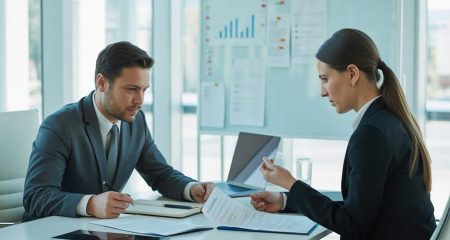 Twee zakelijke professionals bespreken contracten aan een vergadertafel in een kantooromgeving.