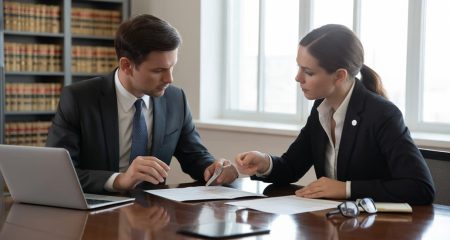 Twee zakelijke professionals bespreken documenten aan een tafel in een kantooromgeving.