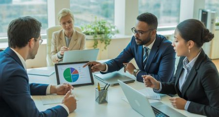 Vier zakelijke professionals die rond een tafel zitten en een bespreking voeren over de verdeling van zeggenschap in een joint venture.
