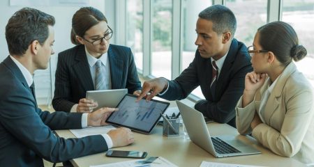 Vier zakelijke professionals zitten rond een tafel en bespreken documenten en grafieken in een kantoor.
