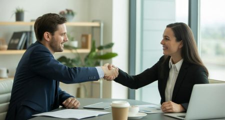 Twee zakenprofessionals schudden elkaar de hand tijdens een zakelijke bijeenkomst in een modern kantoor.