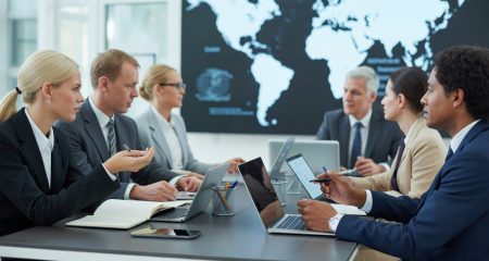 Zakelijke bijeenkomst van diverse professionals rond een vergadertafel met documenten en laptops, in een moderne kantooromgeving.