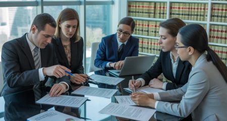 Een groep zakelijke professionals bespreekt contracten in een modern kantoor.