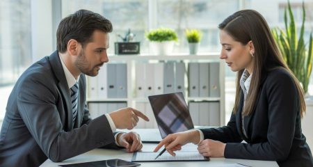 Twee zakelijke professionals bespreken een contract aan een bureau in een helder kantoor.