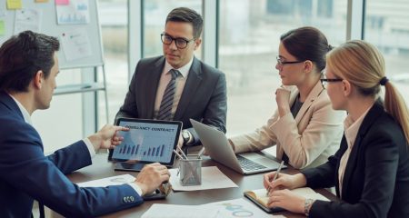 Vier professionals zitten rond een tafel in een kantoor en bespreken contracten en tarieven tijdens een zakelijke vergadering.