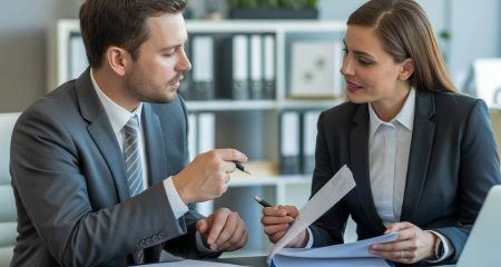 Twee zakelijke professionals bespreken documenten aan een bureau in een kantooromgeving.