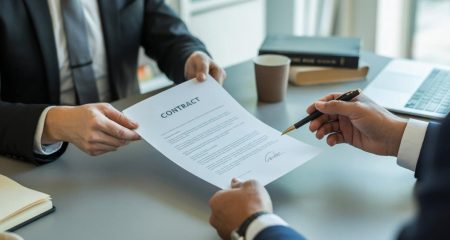 Twee zakelijke professionals aan een bureau die een contractdocument uitwisselen in een moderne kantooromgeving.