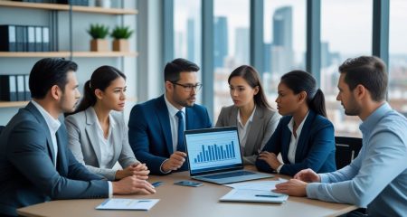 Een zakelijke bijeenkomst met diverse professionals die een financieel rapport bespreken in een modern kantoor.