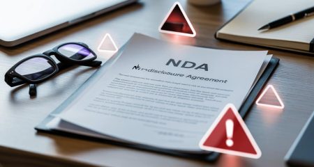 Een close-up van een contract op een bureau met een bril en pen, met subtiele visuele aanwijzingen voor valkuilen rondom het document.