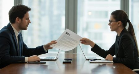 Twee mensen in een kantoor hebben een serieus gesprek aan een tafel, waarbij een document wordt overhandigd.