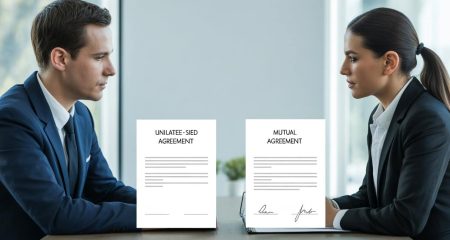 Twee zakelijke professionals zitten tegenover elkaar aan een tafel met documenten die verschillende soorten geheimhoudingsverklaringen voorstellen.