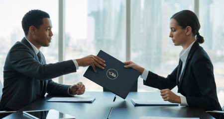 Twee zakelijke professionals die in een moderne kantoorruimte een vertrouwelijk document overhandigen tijdens een vergadering.