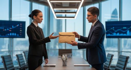 Twee zakenmensen in een modern kantoor voeren een serieus gesprek waarbij een contract wordt overhandigd.
