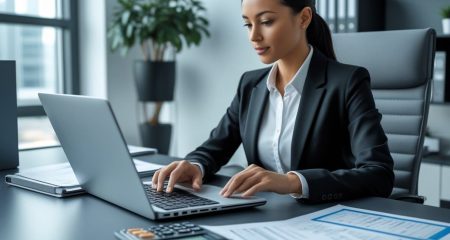 Een persoon zit aan een bureau in een kantoor en berekent ontslagvergoeding met een laptop, documenten en een rekenmachine.