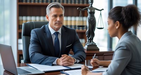 Een advocaat en een werknemer zitten tegenover elkaar aan een bureau in een kantoor, in gesprek over juridische zaken.