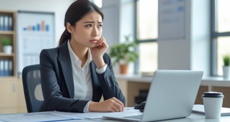 Vrouw zit aan bureau in kantoor en bekijkt documenten met een nadenkende blik.