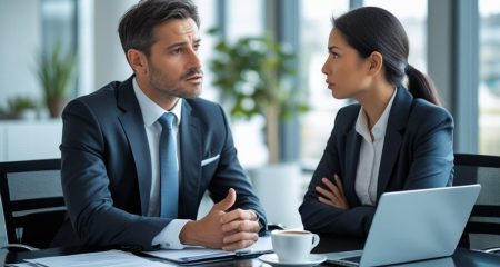 Twee mensen zitten tegenover elkaar aan een vergadertafel in een kantoor en voeren een serieus gesprek.