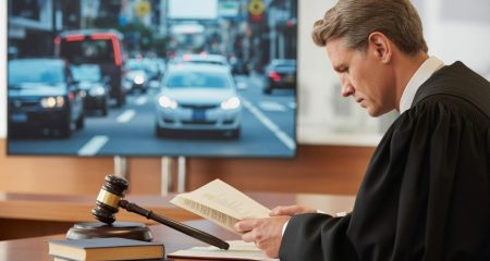 Een rechter in een moderne rechtszaal bekijkt documenten terwijl op de achtergrond een drukke straat met verkeer te zien is.