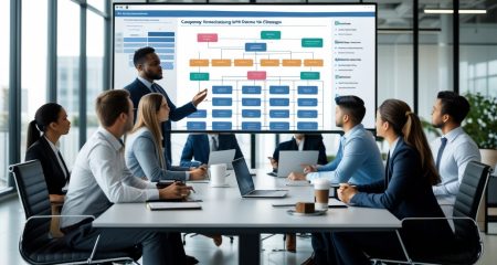 Een groep zakelijke professionals in een vergaderruimte bespreekt een reorganisatieplan, met een manager die een organigram toont op een scherm.